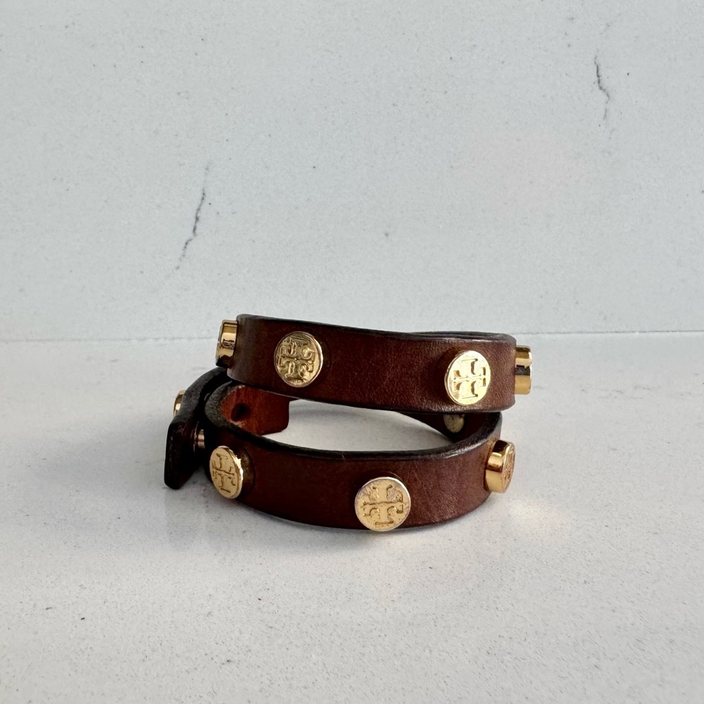 Tory Burch Brown Leather Wrap Bracelet with Metal Gold Logos